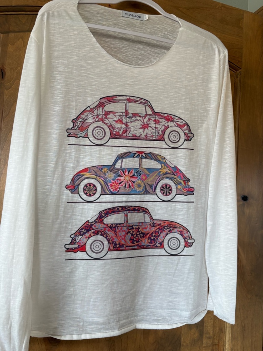 MISSLOOK White Long-Sleeve Tee with Pink, Blue and Red Floral Car Prints
